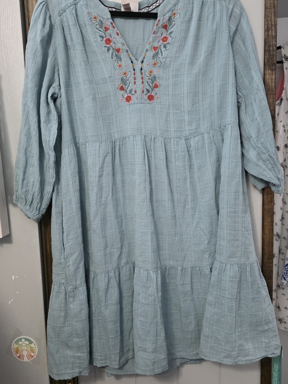 Light Blue Embroidered Tiered Dress